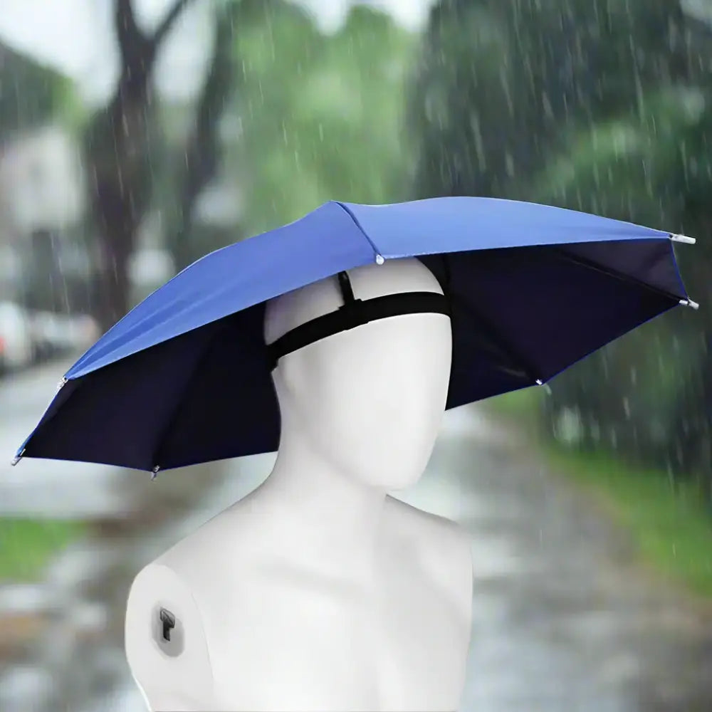 Blue umbrella hat.