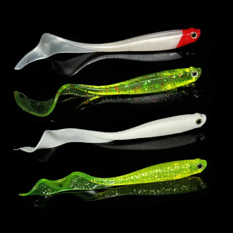 Four soft plastic fishing lures.