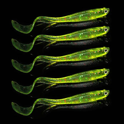 Six green fishing lures.