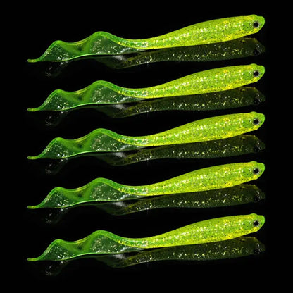 Five green fishing lures.