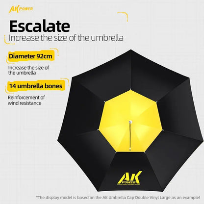 Folding umbrella hat for fishing with a large 92cm diameter and 14 umbrella bones for wind resistance